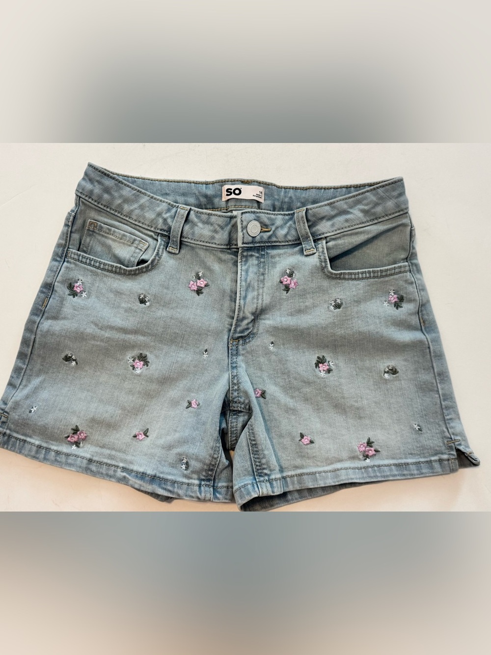 SO Light Blue Denim Shorts with Pink Floral Embroidery